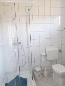 uma casa de banho com um chuveiro e um WC. em Lijoli Lounge Vendégház em Alsóörs