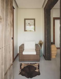 a living room with a rattan chair and a rug at Kaza Mazamore - Entire luxurious Vila in Itaunas. in Conceição da Barra
