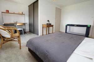 - une chambre avec un lit, une chaise et un bureau dans l'établissement Les Figuets, à Châteauneuf-de-Galaure
