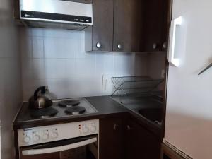 a kitchen with a stove with a tea kettle on it at The white fox's family home - Veysonnaz in Veysonnaz +18 photos