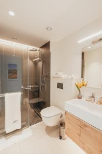 a bathroom with a shower and a toilet and a sink at Domaine de Grand Baie in Grand-Baie