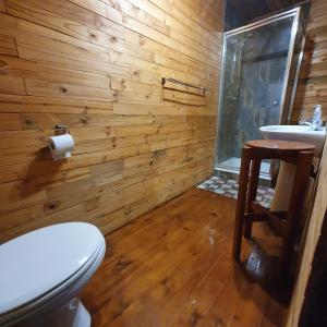 a wooden bathroom with a toilet and a sink at Cozy Wood Cabin in Pretoria