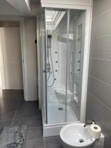 uma casa de banho com um chuveiro, um WC e um lavatório. em A&O Apartment em San Leucio