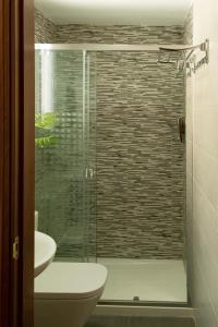 uma casa de banho com uma cabina de duche em vidro, um WC e um lavatório. em Alojamiento Turístico Fuente del Rey em Priego de Córdoba