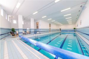 a large swimming pool with blue water in a building at Raca Retreat in Rača