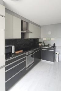 a kitchen with gray and white cabinets and appliances at Bright and modern apartment in the heart of Altstätten in Altstätten
