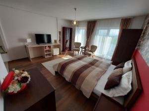 a hotel room with a bed and a television at Anca's Style in Codlea