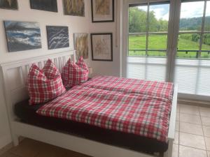 a bedroom with a bed with pillows and a window at Ferienwohnung Siegaue in Windeck