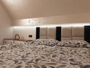 a bedroom with a large bed with a large headboard at Apartament DaKar in Małe Ciche