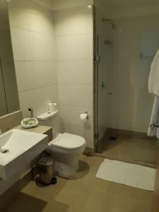 a bathroom with a toilet and a sink and a shower at Vista Azul Suites in Pedra Azul