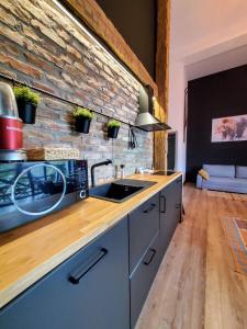 a kitchen with a counter and a brick wall at Casa Larisa Apartments in Sinaia