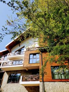 a building with windows and trees in front of it at Casa Larisa Apartments in Sinaia