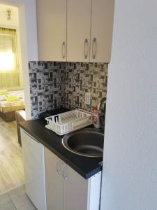 una cocina con fregadero y una cesta de platos en la encimera en Studio apartmani Manila -bazeni, popust, Terme -VAUČERI, en Vrnjačka Banja