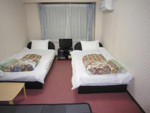 a room with two beds and a tv in it at Pension Kitashirakawa in Kyoto