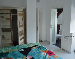 1 dormitorio con 1 cama y baño en Ferienwohnungen Treiber, en Eggenstein-Leopoldshafen