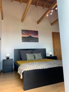 1 dormitorio con 1 cama en una habitación con techos de madera en Adega da Prainha, en Prainha de Baixo