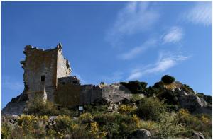 un vieux château sur le flanc d'une montagne dans l'établissement El Capricho 2, à Villamiel