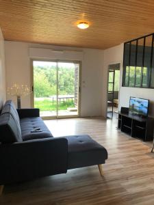 a living room with a couch and a tv at Le Montagnon in Lupé