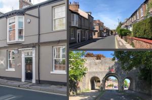 een collage van drie foto's van huizen en een boog bij 109 Nunnery Lane - a House of York holiday home in York