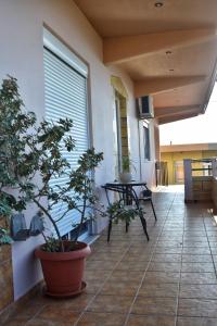 a porch with a table and potted plants on it at Fully renovated apartment-ανακαινισμένο διαμέρισμα in Paradeísion