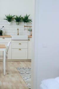 a kitchen with white cabinets and plants on the wall at Lechner4 Residence in Szeged +5 photos