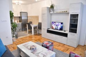 sala de estar con TV en la pared en Apartman Hilandarska, en Lukavica