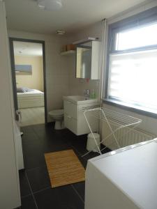 a bathroom with a sink and a toilet and a window at Kustverhuur, Breskens, Nijverheidstraat 11 in Breskens +13 photos