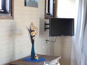 a vase of flowers on a table with a tv at Mar in Punta Del Diablo