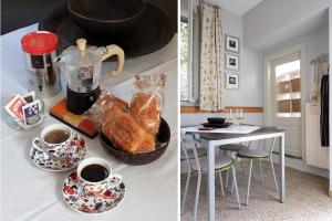 two pictures of a kitchen with coffee and a table with pastries at Casa Edel Vart in Cividale del Friuli