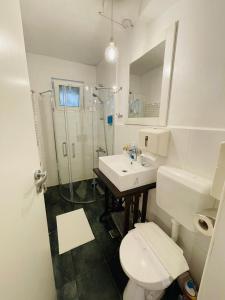a bathroom with a toilet and a sink and a shower at Perfect Place to Stay self check in-24h-NETFLIX-WIFI in Reşiţa +38 photos