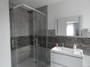 La salle de bains est pourvue d'une douche et d'un lavabo. dans l'établissement Les Chambres d Odile, à Lachapelle-sous-Chaux