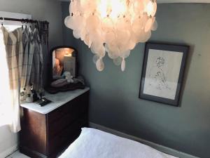 a bedroom with a mirror and a bed and a dresser at Half Moon House top flat in Hay-on-Wye