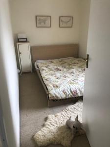 a bedroom with a bed and a white rug at Half Moon House top flat in Hay-on-Wye