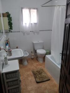 a white bathroom with a toilet and a sink at Casa Rural San Antonio in La Puebla de los Infantes