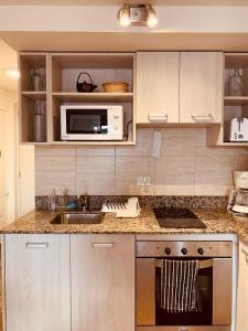 una cocina con fregadero y microondas en La Bonita Apartment, en San Carlos de Bariloche 9 fotos más