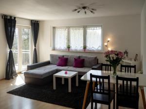 ein Wohnzimmer mit einem Sofa und einem Tisch in der Unterkunft Moderne Unterkunft in Leutkirch in Leutkirch im Allgäu