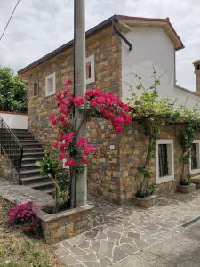 une maison en briques avec des fleurs roses devant elle dans l'établissement Kmetija Jogan, Wines & Apartments, à Pobegi