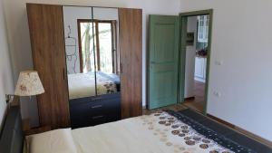 a bedroom with a bed and a large mirror at Kmetija Jogan, Wines & Apartments in Pobegi