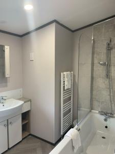 Barmby on the MoorにあるGraceland Lodge with Hot Tubのシャワー、浴槽、洗面台を備えたバスルーム