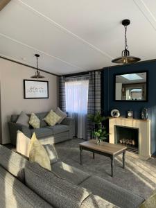 Barmby on the MoorにあるGraceland Lodge with Hot Tubのソファと暖炉のあるリビングルーム