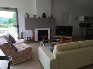 sala de estar con 2 sofás y chimenea en villa Bouillat d'Anty en Châtel-Guyon