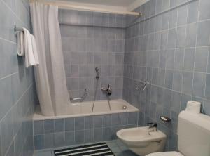 ein blau gefliestes Bad mit einer Badewanne und einem WC in der Unterkunft Albergo Faido in Faido + 35 Fotos