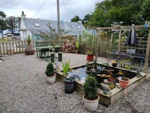 a garden with a pond and potted plants in a yard at Alderbank, Harrapool, IV499AE in Broadford