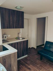 cocina con armarios de madera y sofá azul en Apartments Ivanović, en Idrija