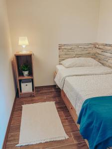 Habitación pequeña con 2 camas y TV. en Apartments Ivanović, en Idrija