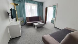 ein Wohnzimmer mit einem Sofa und einem Stuhl in der Unterkunft Hotel Ferdinand in Marienbad