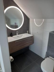 uma casa de banho com um lavatório e um espelho em Bed & Breakfast Beilerhorst em Beilen