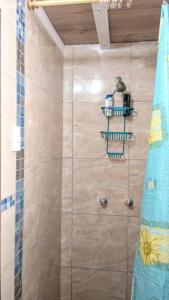 baño con ducha con puerta de cristal en Dulcinea Mini House, en Salinas