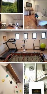 un collage de cuatro fotos de una habitación con gimnasio en Repos et convivialité, wellness, spa, sauna, piscine, en Schorbach