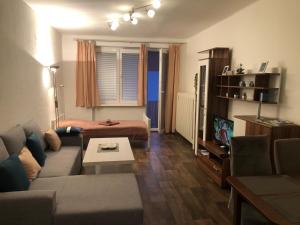 uma sala de estar com um sofá e uma cama em Apartmán Melody em Ústí nad Labem